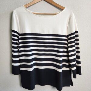Chicos black and white striped knit top with a boat neck & three-quarter sleeves